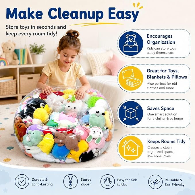 Clear Stuffed Animal Storage Bean Bag Chair Cover for Kids with Zipper | Transparent Waterparoof Wipe Clean Thicker PVC, Holds 100+ Stuffed Animals, Double Zipper for Plush Toys Storage & Organizing - Image 7