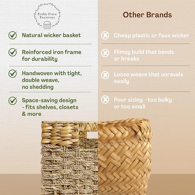 Large Wicker Storage Baskets with Handles, 17 x 11 x 7.5 Inches | Natural Seagrass and Hyacinth, Woven Storage Basket, For Organizing Shelves, Closet, Pantry, Living Room - Image 9