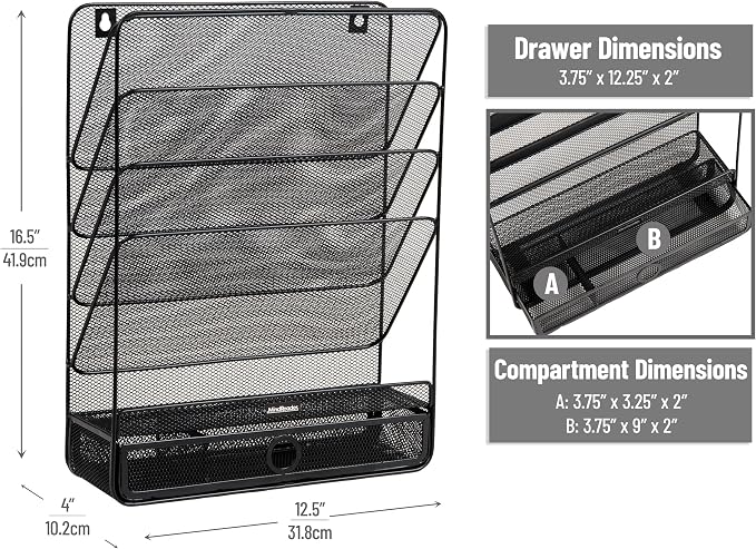 Mind Reader 4-Tier Vertical File Storage, Desktop Organizer, Wall Mount, Office, Metal Mesh, 12.5"L x 4"W x 16.5"H, Black - Image 3