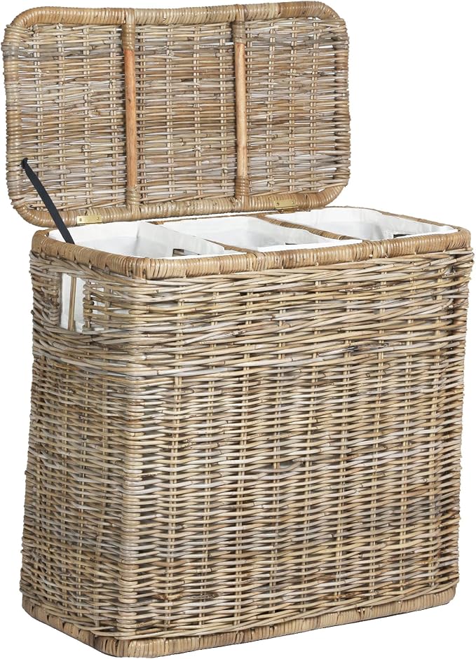 The Basket Lady 3-Compartment Wicker Laundry Hamper, Serene Grey | 30" L x 15" W x 28" H, 1.66 cu-ft per section - 3 Fabric Liners, Handcrafted, Fully-assembled, Hinged Lid, Natural rattan by TheBasketLady