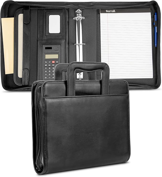 Samsill Professional Padfolio/Portfolio with Zippered Closure Case, 2 Inch Removable Round Ring Binder, Retractable Handles, Interior 10.1” Tablet Sleeve, Black by Samsill