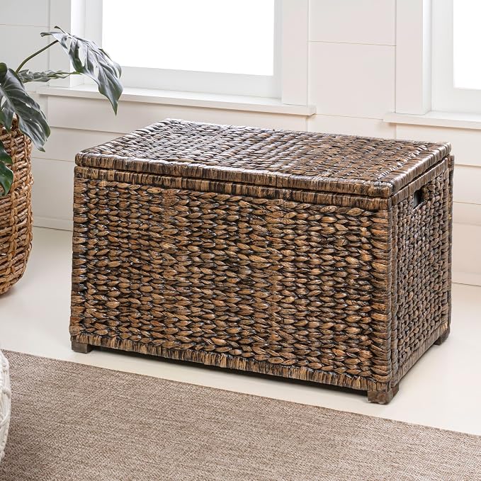 happimess Anada 30" Storage Trunk Wicker Weave Water Hyacinth, Brown Wash | Solid Mahogany Construction, Collapsible Folds Flat, Removable Lid, Fabric Liner, Footed Base, 17.5" Height, 17.5" Depth - Image 5