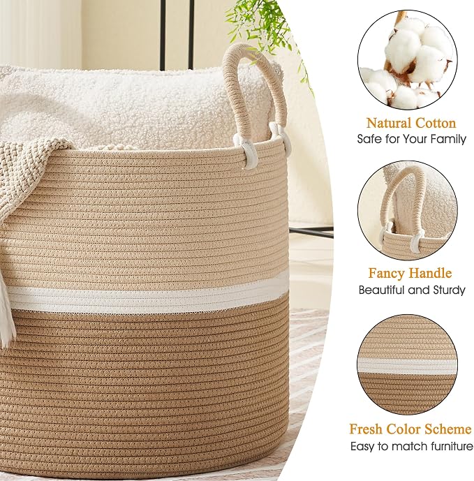 KAKAMAY Large Blanket Basket (18"x18"x16"),Woven Baby Laundry Hamper for Storage, Cotton Rope Blankets Baskets for Nursery, Laundry, Living Room, Pillows, Baby Toy chest with Handles (Light Brown) - Image 2
