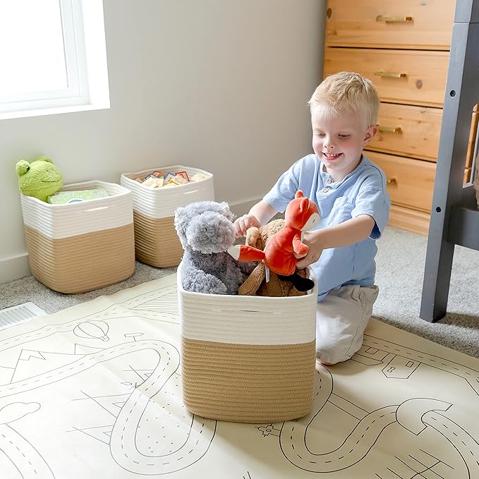 NaturalCozy Storage Cubes 11 Inch Cotton Rope Woven Baskets for Organizing, 3-Pack | Cube Storage Bin | Square Storage Baskets for Shelves Organizer, Classroom, Kids Toy Bins, Closet, Baby Nursery - Image 4