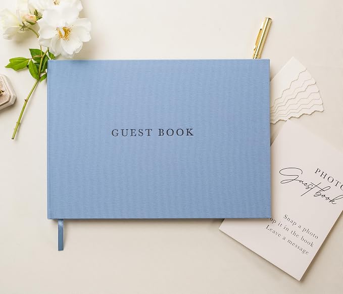 Real Linen Guest Book Set - 11.5 x 8.5 Embossed Guestbook for Weddings, Showers, Events, Blank & Lined, Comes with Sign, Pen, Box and Photo Sleeves, 120 Pages (Light Blue) - Image 3