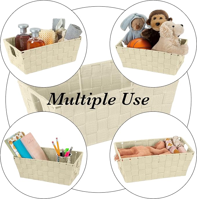 Simplify Small Shelf Woven Strap Tote | Decorative Storage Basket | Built in Handles | Organization | Closet | Bedroom | Bathroom | Nursery | Accessories | Toys | Gifts | 4 Pack | Ivory - Image 3