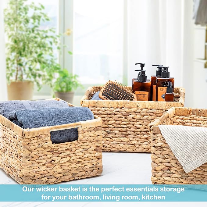 VATIMA Large Rectangular Wicker Basket with Wooden Handles for Shelves and Storage - Natural Water Hyacinth Basket for Organizing, 14.5 x 10.3 x 7.5 inches - Image 7