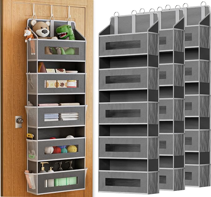 3 Pack 5 Tier Over The Door Organizer Space-Saving Storage for Any Room | Grey Hanging Closet Organizer with 10 Mesh Pockets and Clear Windows, Closet Organizers and Storage for Bathroom, Bedroom by Unknown