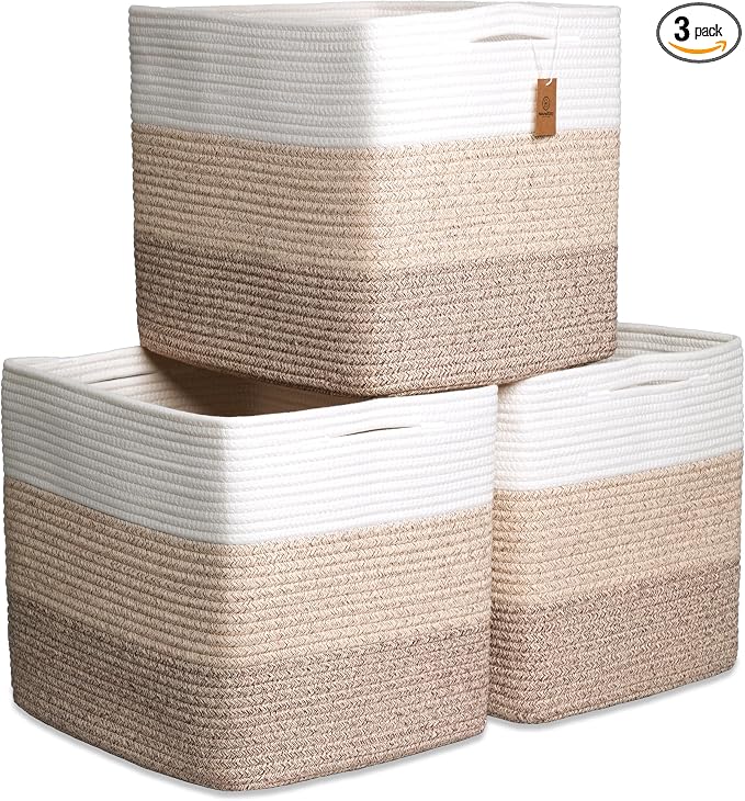 NaturalCozy 13x15x13 Kallax Storage Cubes Bins, 3 Pack | Cotton Rope Cube Storage Bin Woven Baskets for Organizing | Kallax Insert Storage Baskets for Shelves Organizer, Kids Toy, Closet Baby Nursery by NaturalCozy