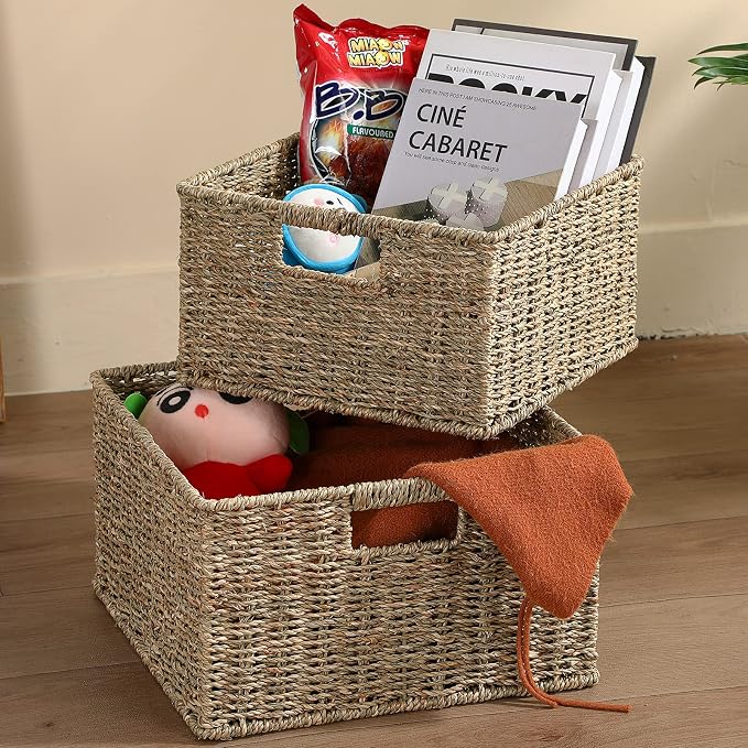 HOONEX Wicker Storage Baskets for Organizing, Decorative Woven Seagrass Baskets for Storage with Carrying Handles, Set of 2, Natural - Image 2