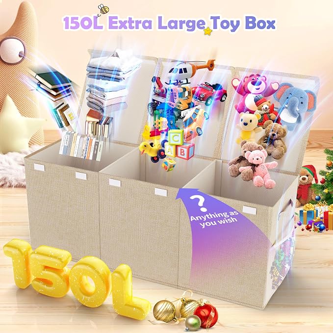 Extra Large Toy Box, Collapsible Toy Storage Organizer, 40"x16"x16", Beige | Sturdy Kids Toys Bin Chest with 2 Mesh Pockets and Dividers for Boys Girls, Bedroom & Living room Toy Organization - Image 2