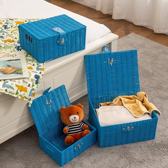 Set of 3 Woven Wicker Storage Basket Box with Lids & Lock, Built-in Carry Handles, Multifunctional Storage Organizer for Nursery, Baby, Clothes, Toys, Books, Large/Medium/Small Size (Blue) - Image 4