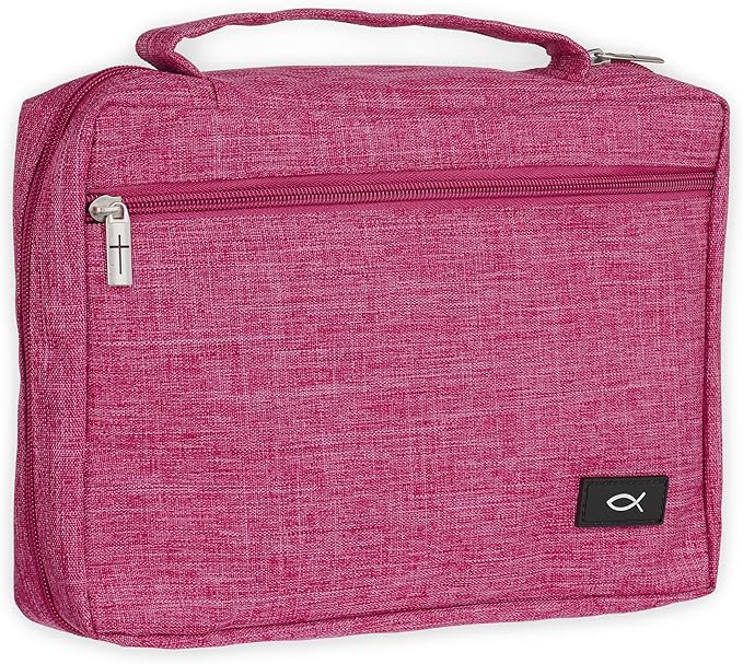 Christian Art Gifts Polyester Bible Cover for Men & Women w/Jesus Fish Patch, Secure Zipper Pocket, Pen Loops, Easy Carry Book Case for Stationery, Accessories, Pink, Large by ChristianArtGifts