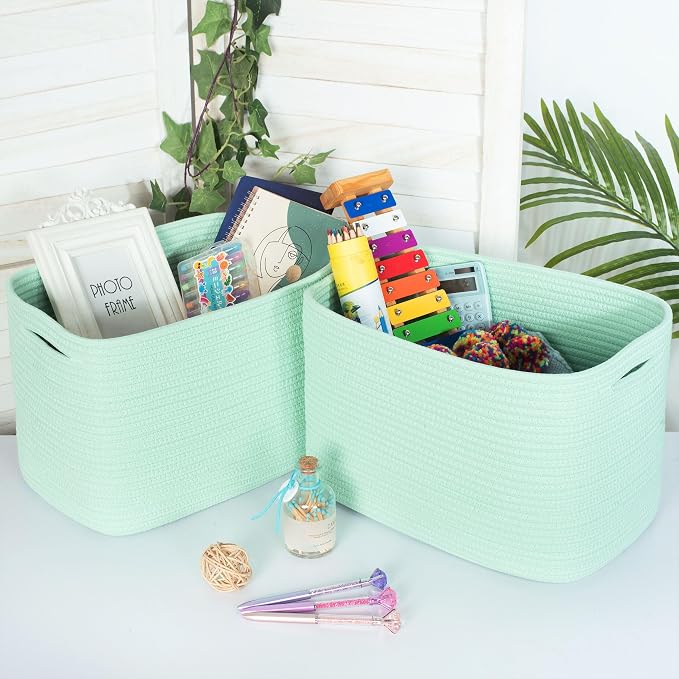 3-Pack Decorative Woven Storage Baskets for Shelves, Cube Bin Box for Organizing Books, Shoes, Dog Toys, Pantry Closet and Living Room Organizer, Mint - Image 3