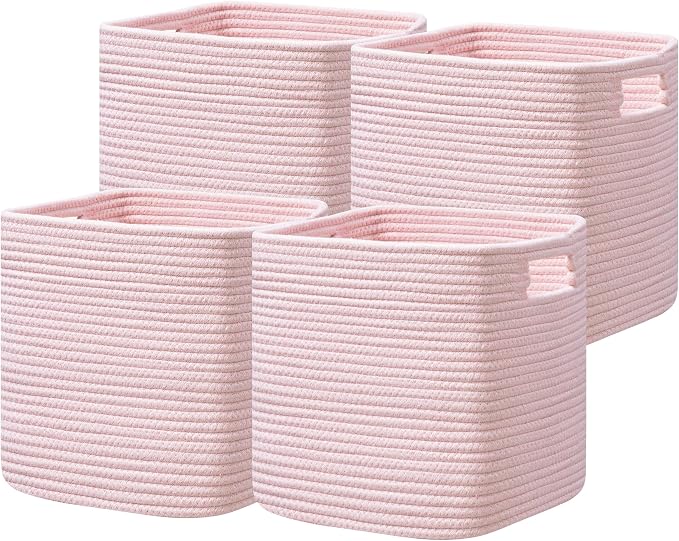 Dreamcountry 13x13 Cube Storage Bins, Storage Cubes with Handles, 4 Pack Cotton Rope Basket for Shelves, Cube Storage Organizer forToys, Book, Clothes, Home, Office, Nursery, Pink by Dreamcountry