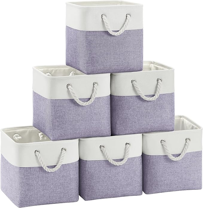 FinishingBo 11 inch Cube Storage Bin with Handles 6 Pack | Foldable Basket, Fabric Storage Bins, Closet Storage, Home Organizer (White/Purple) by SimplifySpaceSimplifyLife