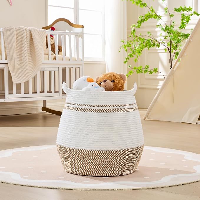 KAKAMAY Large Cotton Rope Woven Basket for Storage (17"x17"), Collapsible Laundry Hamper for Baby, Blanket Basket for Organizing Living Room, Nursery, Clothes, Toy Chest, Brown Stripes - Image 2