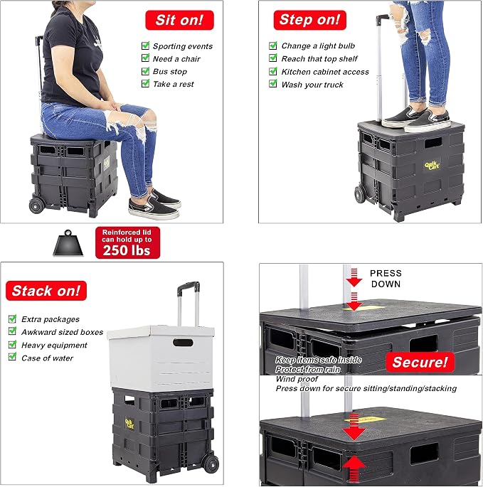 dbest products Quik Cart Sport Collapsible Rolling Crate on Wheels for Teachers Tote Basket 80 lbs Capacity, Made from Heavy Duty Plastic, Black, Compact | Roll Up to 80 lbs Capacity, Heavy Duty Plastic Construction, Telescoping Handle, Foldable Utilit... - Image 2