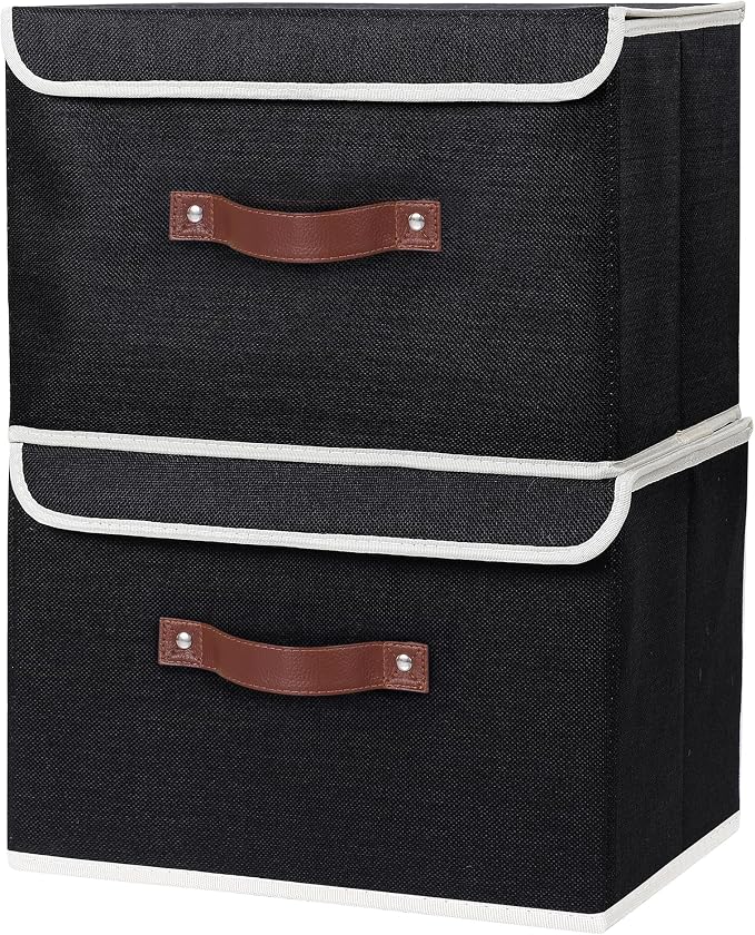ANMINY Fabric Storage Box Bins with Lids, Black, 15"x10"x10", 4 Pack | Keepsake Memory Storage, Cotton Linen, PP Board Reinforced, Washable, PU Handles, Foldable & Stackable, Decorative, Large - Image 7