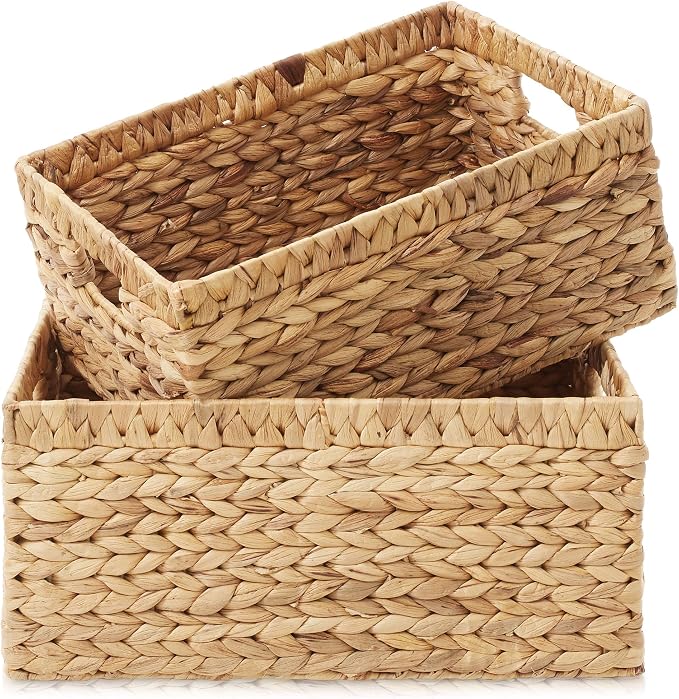 Casafield Set of 2 Water Hyacinth Storage Baskets with Handles - 1-Jumbo, 1-Large Woven Organizers for Bathroom, Laundry, Pantry, Office, Shelves - Image 3