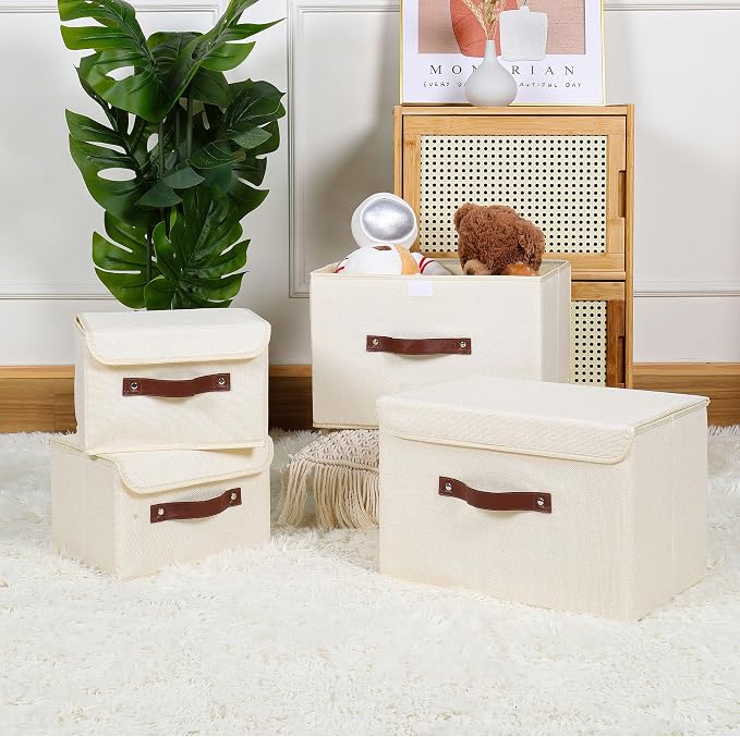 ANMINY Fabric Storage Box Bins with Lids, Beige, 10"x8"x7", 4 Pack | Keepsake Memory Storage, Cotton Linen, PP Board Reinforced, Washable, PU Handles, Foldable & Stackable, Decorative, Small - Image 6