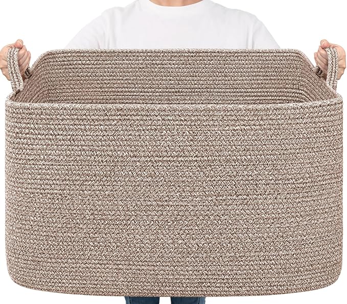 Goodpick 85L Large Woven Rope Blanket Basket, Rectangle, Brown | 23.6'' x 15.7'' x 13.8'' Storage Basket for Blankets, Toys & Clothes, Living Room & Bedroom Organization, Reinforced Handles by Goodpick