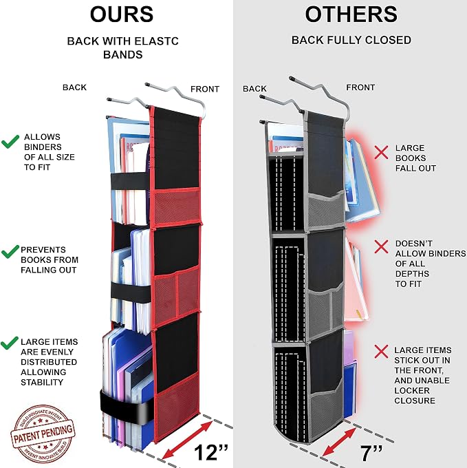 ABRA® 3 Shelf Hanging Locker Organizer for School, Gym, Work, Storage | Deep Shelves 6.5”x 9”| Eco-Friendly Fabric Healthy for Children | Adjustable School Locker Shelf from 3 to 2 Shelves (Black/Red) - Image 3