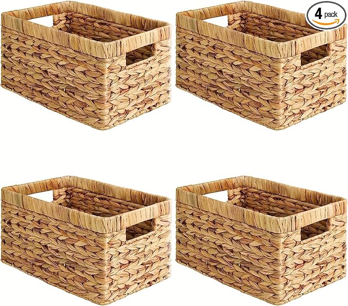 Water Hyacinth Wicker Storage Baskets for Shelves, Set of 4 | Shelf Baskets, Basket with Handle, for Pantry, Kitchen, Bathroom, Closet Storage, 13x8.25x7in by Rattanzenith