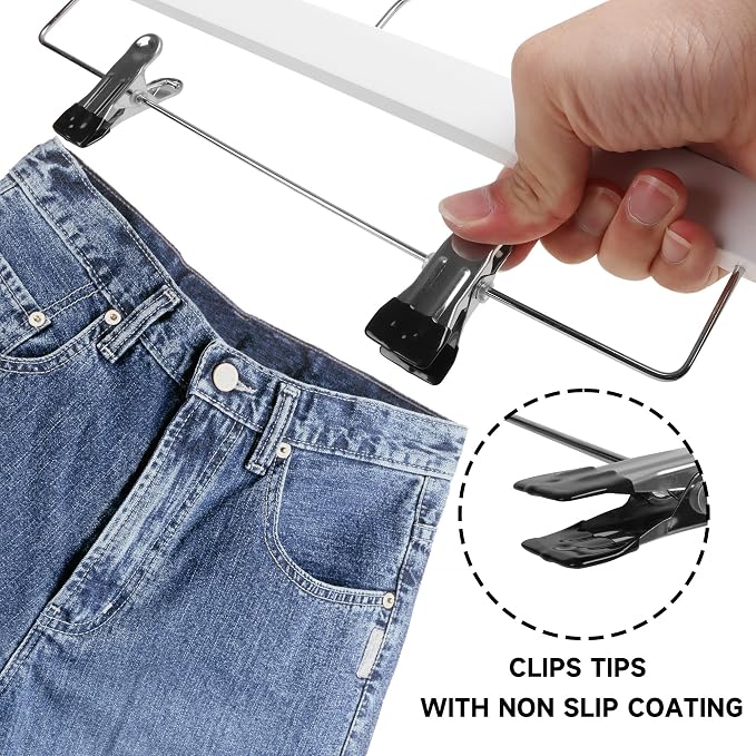 14" Wood Pants Hangers with Adjustable Non-Slip Clips, White, 12-Pack | Solid Wood Material, Bottom Hangers with 360° Swivel Hook, Space Saving Hangers for Skirts, Slacks, Trousers, Jeans - Image 4