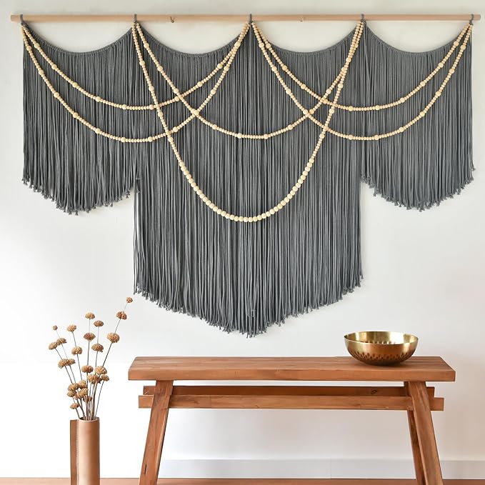 Large Macrame Wall Hanging Grey Boho Wall Art Beaded Decor 57"W*39"L | for Bedroom, Handwoven Cotton Art, Beaded Fiber Design, Textured Wall Accent, Sofa Backdrop Decor, Modern Home Decoration - Image 3