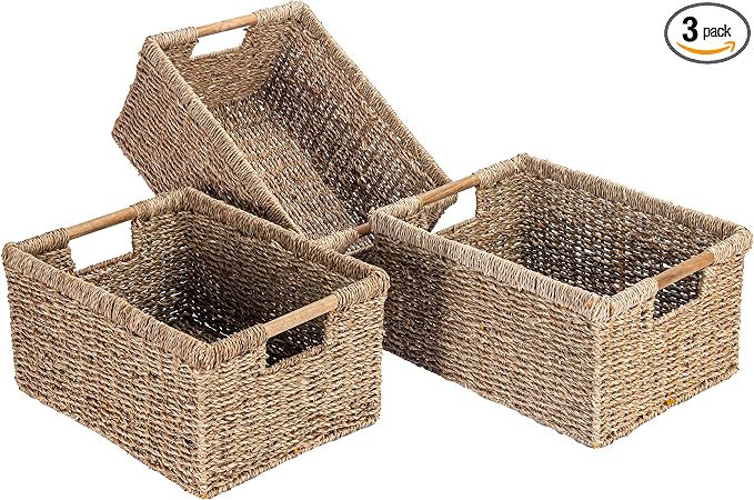 Large Wicker Basket Rectangular with Wooden Handles for Shelves, Seagrass Basket Storage, Natural Baskets for Organizing, Wicker Baskets for Storage - 3 Pack Large by VATIMA