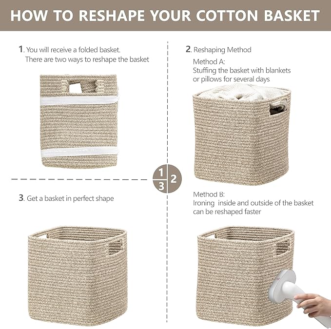 UBBCARE Storage Cubes 11 Inch, Cotton Rope Woven Baskets for Organizing, Cube Storage Bin for Baby Nursery, 2-Pack Square Toy Storage Baskets for Shleves Organizer, Closet, Kidsroom, All Browm - Image 8