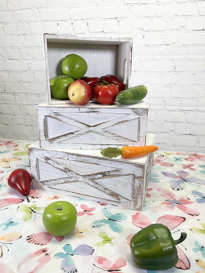 Admired By Nature Wooden Crates Storage Container, 3pc Farmhouse Style Decorative Baskets for Home Decor, Rustic Decor, Nesting Stackable Organizers, Distressed Wood Crates, Achromatic Barn Door White - Image 4