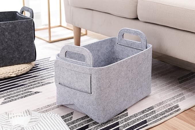 Storage Basket Felt Storage Bin Collapsible& Convenient Box Organizer with Carry Handles for Office Bedroom Closet Babies Nursery Toys Laundry (Light grey, 13.8inch（L）×9.5inch（W）×8.3inch（H）) - Image 2