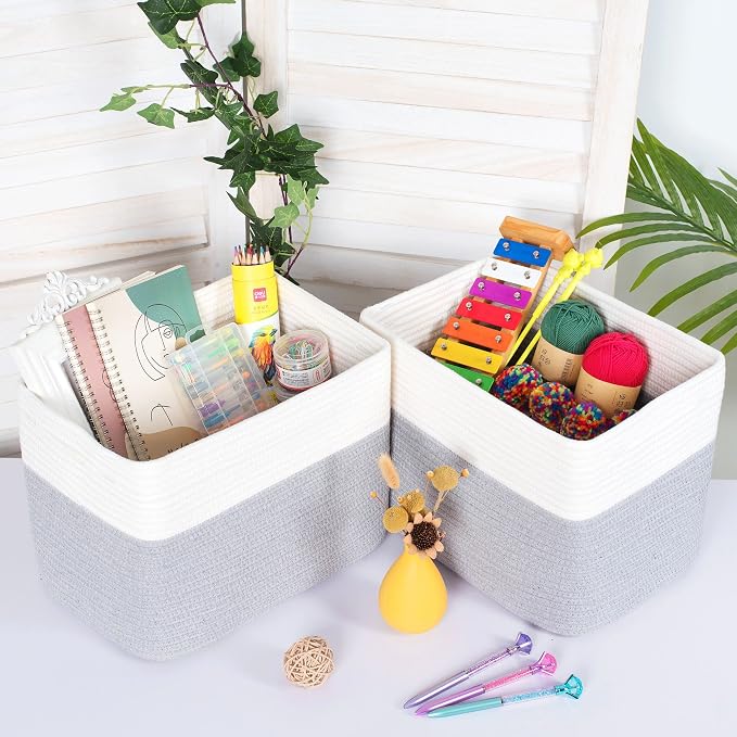 3-Pack Storage Baskets for Shelves, Playroom and Classroom, Book Basket, Decorative Storage Cube Bins, Woven Closet Organizers, Pantry and Shoe Organizer, Grey - Image 3