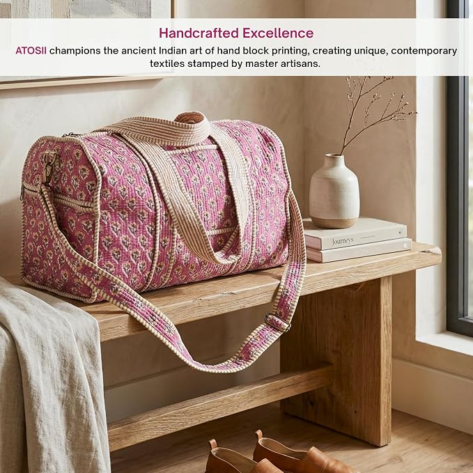 ATOSII Large Duffle Bag, Handblock Print 100% Quilted Cotton for Overnight Trip, Travel Weekender, Luggage, 2 Pockets with Zipper, 1 Front Pocket, Detachable Long Strap, 20 X 10 X 12 Inches, Berry - Image 6