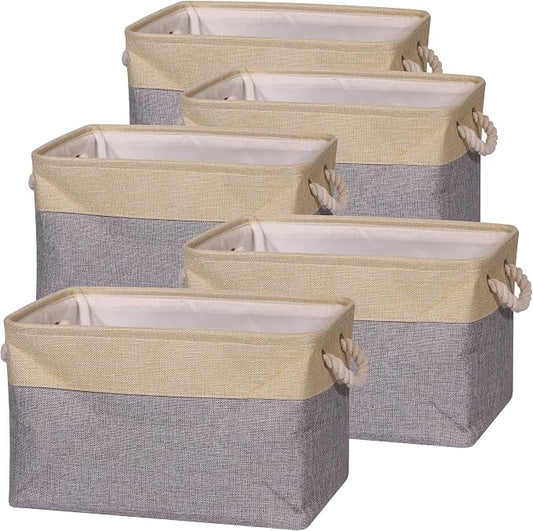 TENABORT 5 Pack Large Storage Basket Bin Foldable Storage Cube Box Canvas Fabric Collapsible Organizer with Handles for Closet Home Office Clothes Shelf Nursery, Grey Beige by TENABORT