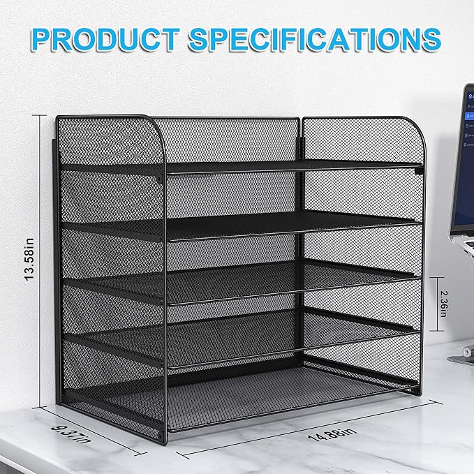 2 Sets 5-Tier Paper Organizer,Paper Tray Holder for Desk,File Holder/Sorter,Legal/Letter Size,A4,File Folder Shelf Organizer for Office,Home,Solid Steel,Mesh,Sturdy,Leakproof,Large Capacity - Image 5