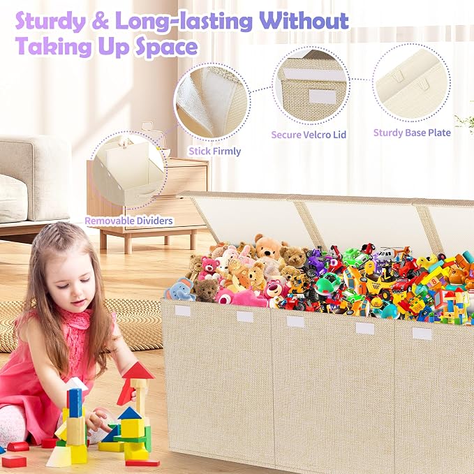 Extra Large Toy Box, Collapsible Toy Storage Organizer, 40"x16"x16", Beige | Sturdy Kids Toys Bin Chest with 2 Mesh Pockets and Dividers for Boys Girls, Bedroom & Living room Toy Organization - Image 4
