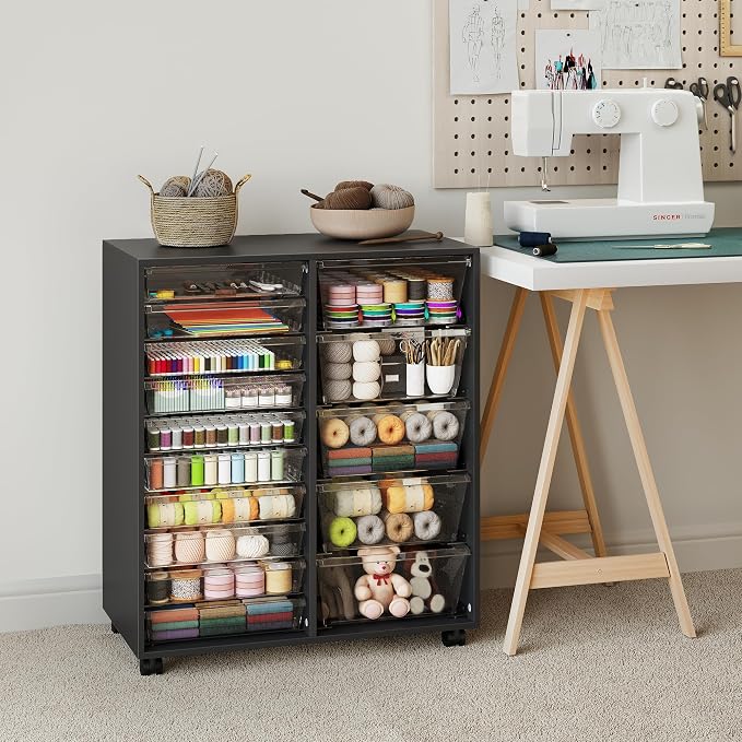 Mobile Storage Cabinet with 15 Clear Drawers, Modern Black | Craft Cabinet with 5 Large Drawers, Cart with Wooden Tabletop, Printer Stand Home Office, Dresser Chest - Image 2