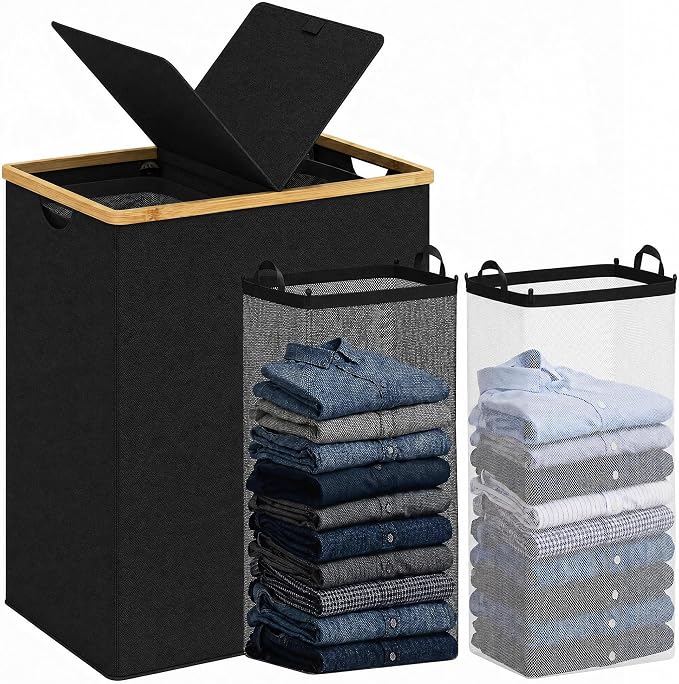 efluky Laundry Hamper with Lid, Double Laundry Basket with 2 Removable Bags, 2 Section Laundry Bin with Bamboo Handles for Bathroom, Bedroom & Laundry Room, 170L (44.9 Gallon) Black by efluky
