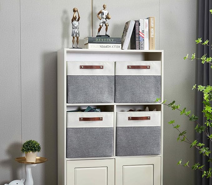 DECOMOMO Fabric Cube Storage Bins, Storage Baskets for Shelves 4 Pack | 13 inch Cube Storage Organizer for Kallax and Cubbies (Grey & White) - Image 4