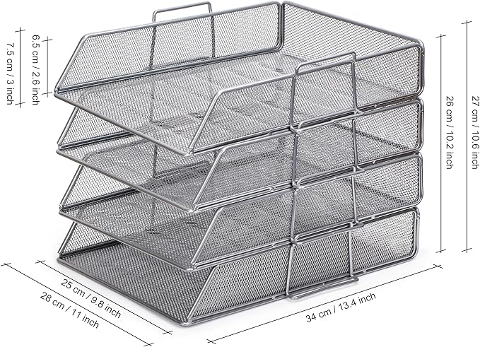 EXERZ Paper Sorter 4pcs Tier Stackable A4 Desk Organiser Letter Tray Silver | Durable Metal Mesh Holds Papers Files Folders Notebooks And Magazines For Office Home Study Classroom Desks - Image 2
