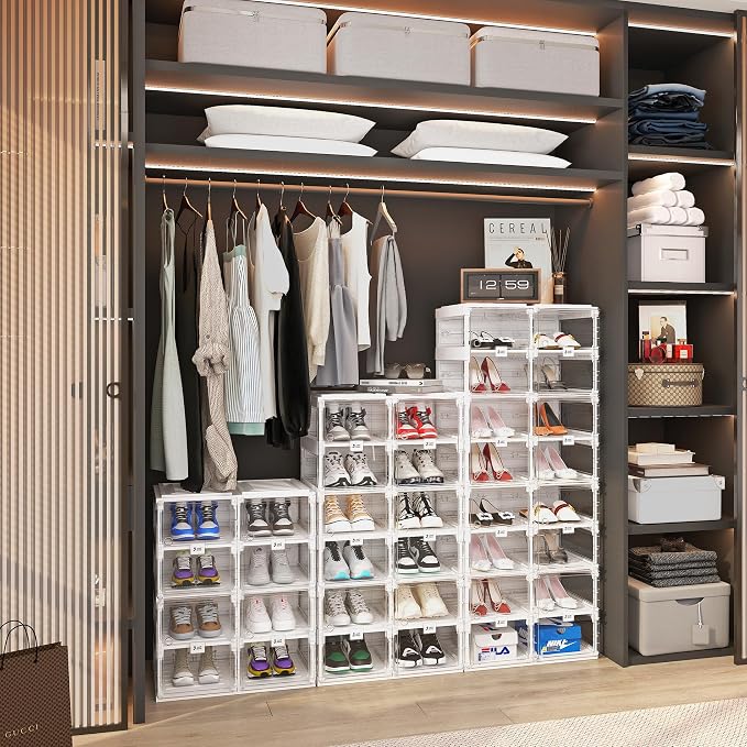 ANTBOX Foldable Shoe Rack,Shoe Organizers for Closet Plastic Shoe Storage Box Space Saving For Entryway, Large Sturdy Stackable Sneaker Cabinet Bins With Magnetic Clear Door 4 Tiers 8 Pairs - Image 5