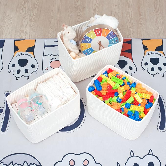 3-Pack Storage Baskets for Shelves, Playroom and Classroom, Book Basket, Decorative Cube Bins, Woven Closet Organizers, Baby Nursery Baskets, Creamy White - Image 5