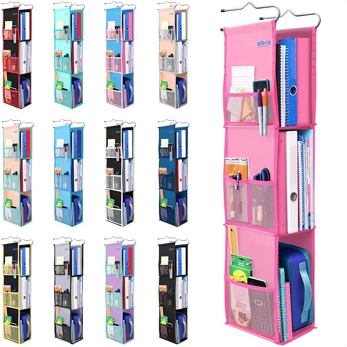 ABRA® 3 Shelf Hanging Locker Organizer for School, Gym, Work, Storage | Deep Shelves 6”x 9”| Eco-Friendly Fabric Healthy for Children | Adjustable School Locker Shelf 3 to 2 Shelves (Pink) by ABRA