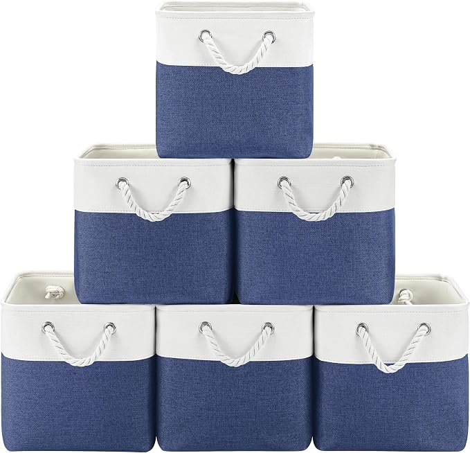 Patvingot 11-Inch Fabric Cube Storage Bins with Handles,6 Pack,Foldable | For cube shelves and closets,keeps grouped for everyday access,reinforced opening and fold-flat storage,white and blue by Patvingot