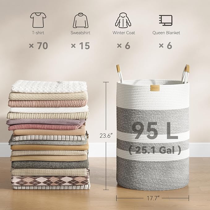 Nunsino 95L Striped Laundry Hamper with Leather Handles,Large Foldable Laundry Basket for Clothes,Cotton Rope Storage Bin for Blankets,Woven Clothes Basket for Bedroom,Gray Stripes - Image 4