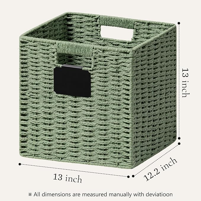 UBBCARE 4 Pack Wicker Basket, 12×12 Storage Cubes with Label, Foldable Cube Storage Bin with Handle, Square Storage Basket for Shelves, Woven Paper Rope Basket for Organizing, Dark Green - Image 2