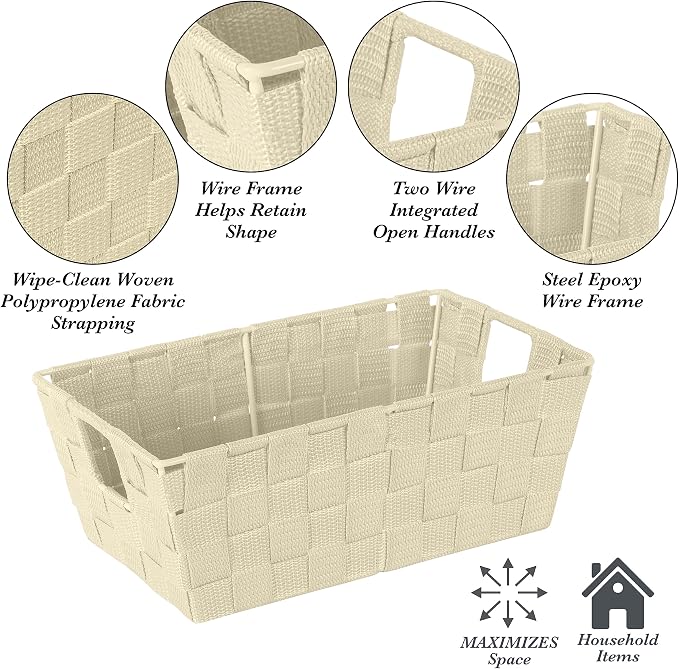 Simplify Small Shelf Woven Strap Tote | Decorative Storage Basket | Built in Handles | Organization | Closet | Bedroom | Bathroom | Nursery | Accessories | Toys | Gifts | 4 Pack | Ivory - Image 2